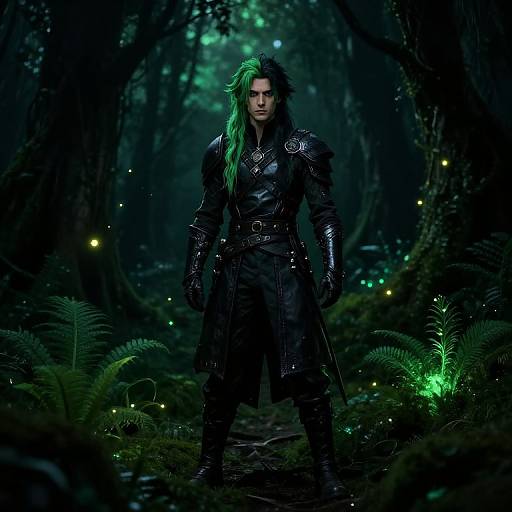 Digital fantasy artwork of a muscular, green-haired man in black, armored cloak standing in a dark, mystical forest with glowing fireflies.