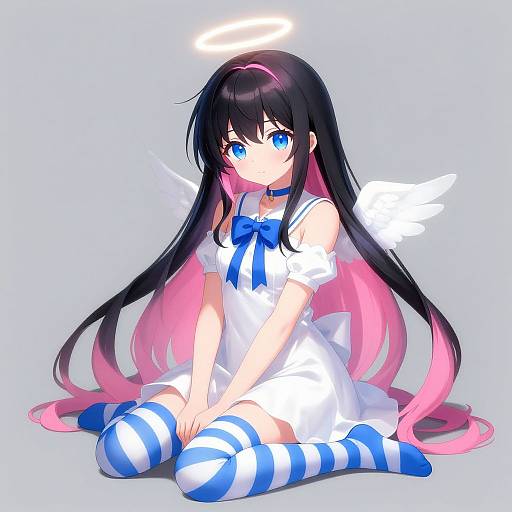 Digital anime-style drawing of a cute, blue-eyed girl with long black-to-pink hair, white angel dress, blue bow, striped socks, and