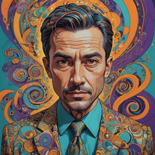 Expressive Cartoon Man in Psychedelic Setting
