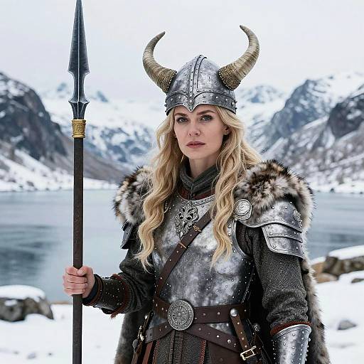 Photograph of a blonde woman in Viking armor with horned helmet, holding a spear, standing in snowy mountain landscape.