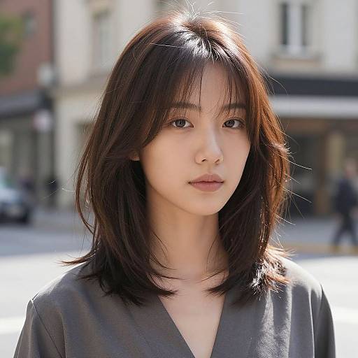 Photograph of an East Asian woman with straight, shoulder-length brown hair, wearing a gray V-neck shirt, standing outdoors on a sunlit street with