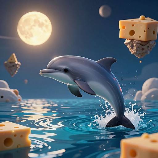 Digital illustration of a dolphin jumping out of blue water, surrounded by floating cheese cubes under a bright full moon.