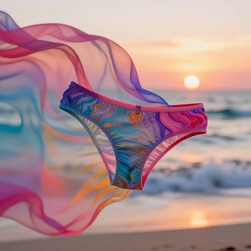 Photograph of a colorful, semi-transparent, swirling fabric bikini against a sunset beach backdrop with waves and a glowing orange sun.