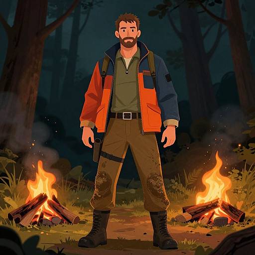 Digital illustration of a bearded man with brown hair, wearing a red and blue jacket, green shirt, brown pants, and black boots, standing between