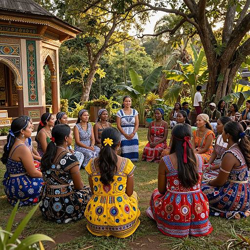 Photograph of diverse women in colorful, traditional Hawaiian dresses seated in a lush, tropical garden, listening to a speaker outside a wooden, ornately decorated