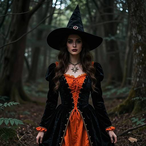 Photograph of a young woman in a dark witch costume with a wide-brimmed hat, black dress with orange lining, standing in a dense,