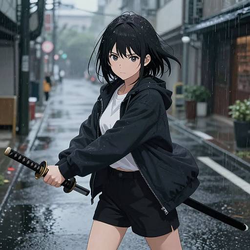 Manhwa Girl with Katana in Rain