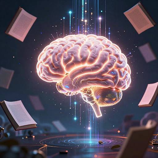 Digital artwork of a glowing, illuminated brain floating in a dark, starry space, surrounded by floating papers and radiant lines.