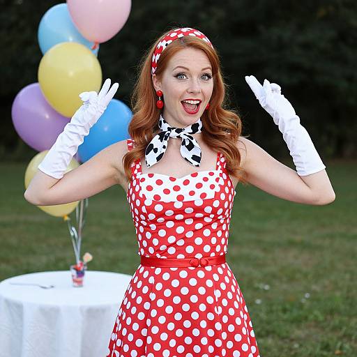 Photograph of a red-haired woman in a red polka dot dress, white gloves, bow tie, and headband, posing outdoors with colorful balloons