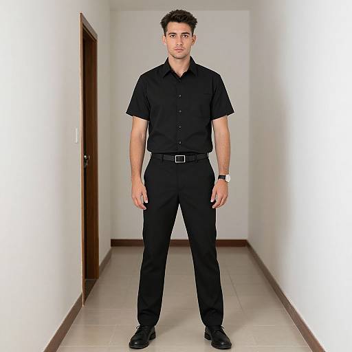 Photograph of a young man with short dark hair, wearing a black short-sleeved shirt, black pants, black belt, and black shoes,