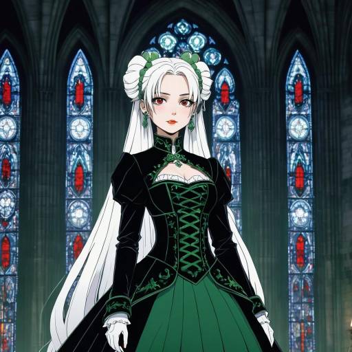 Anime Woman in Gothic Dress with Stained Glass Background