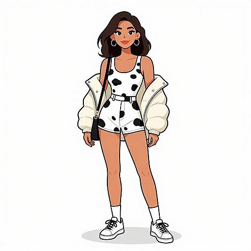 Digital illustration of a confident woman with dark hair, wearing a white, black-spotted romper, off-shoulder puffer jacket, white socks