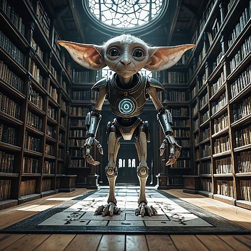 Steampunk Robotic Elf in Ancient Library