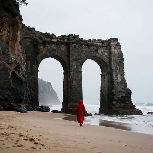 Solitary Figure Beneath Majestic Stone Arches