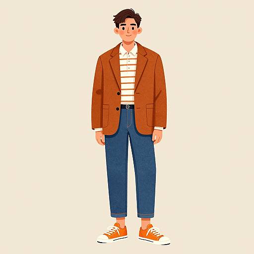 Digital illustration of a young man with dark hair, wearing a brown blazer, white striped shirt, blue jeans, and orange sneakers.