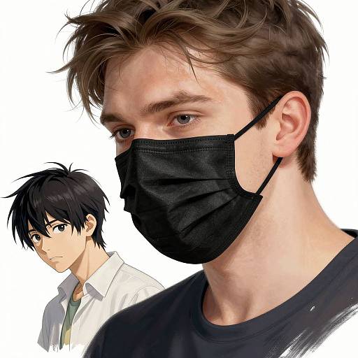 Digital anime-style drawing of two young men with black masks; one with brown hair and blue eyes, the other with black hair and green eyes, wearing