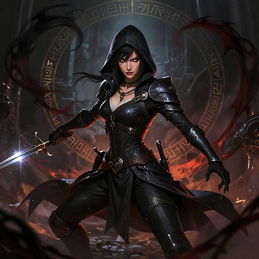 Digital artwork of a fierce, dark-haired warrior woman in black armor, hood up, wielding a glowing sword amidst fiery chaos.