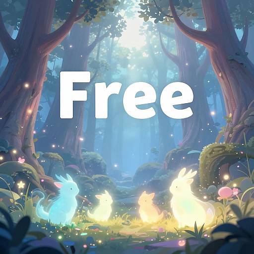 Digital fantasy forest illustration with glowing fireflies, magical blue and yellow creatures, large trees, and the word 