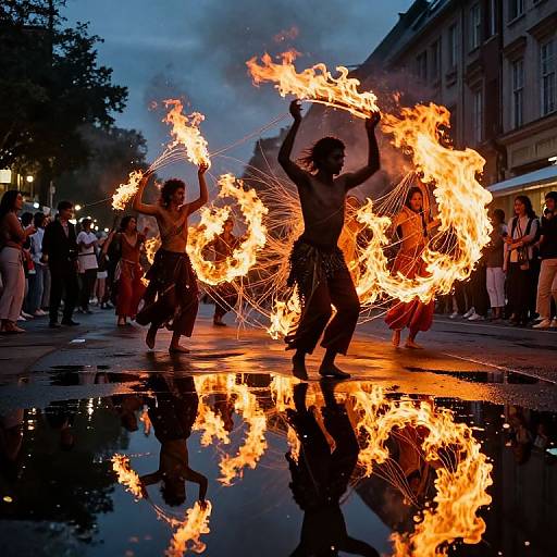 Photograph of a nighttime street performance featuring silhouetted dancers with fire hoops and chains, reflecting on a wet, shiny ground.