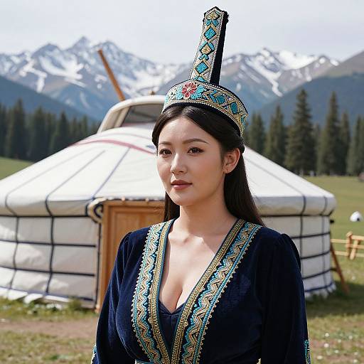 Photograph of an Asian woman with fair skin, long black hair, wearing an ornate black and blue traditional hat and dress, standing in front of