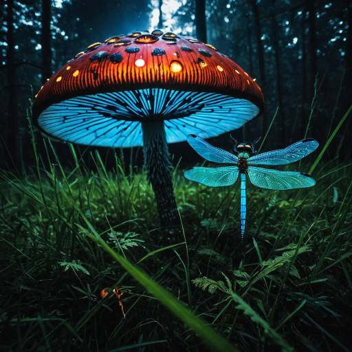 Glowing Mushroom and Iridescent Dragonfly in Forest