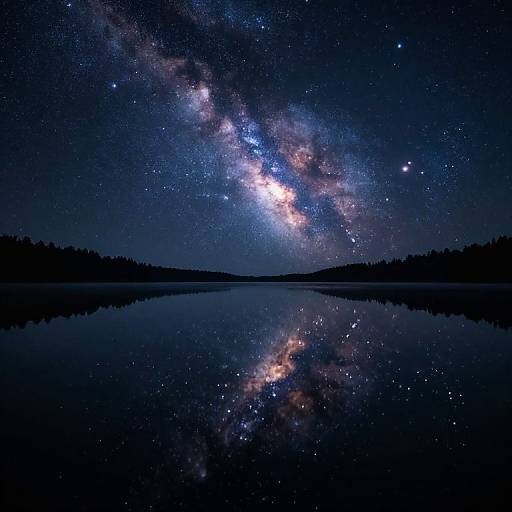 Photograph of a nighttime lake reflecting a vivid, star-filled Milky Way galaxy, with dark silhouetted tree line on the horizon.