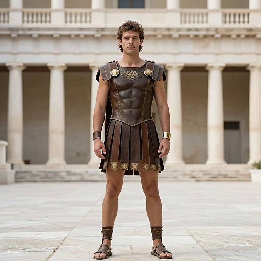 Photograph of a muscular, curly-haired man in ancient Greek-style armor, standing in front of a classical colonnade courtyard.