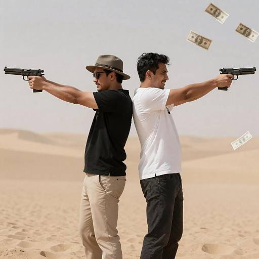 Two Men Back-to-Back with Guns in Desert