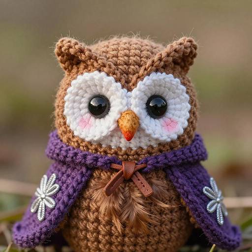 Photograph of a crocheted brown owl with white face, black eyes, orange beak, purple cape, and flower accents, set outdoors.