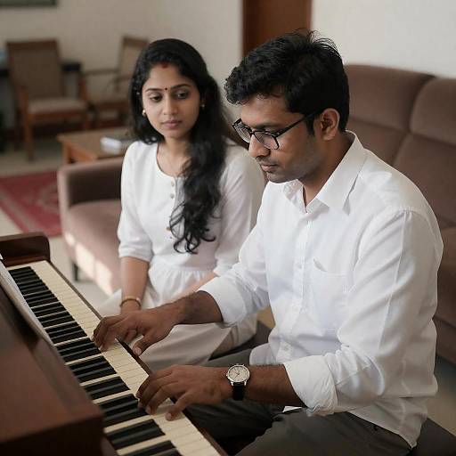 Couple Playing Piano in Sunlit Living Room