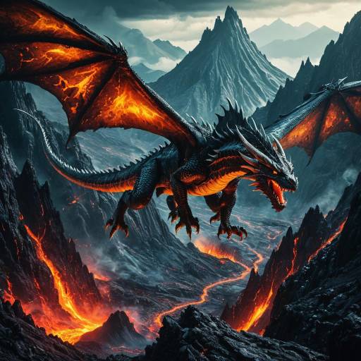 Fiery Dragon Over Volcanic Mountains