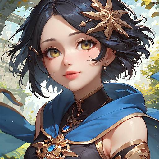 Anime Style Girl with Blue Cloak and Golden Accessories