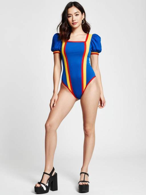 Woman in Color Block Blue Bodysuit with Puff Sleeves