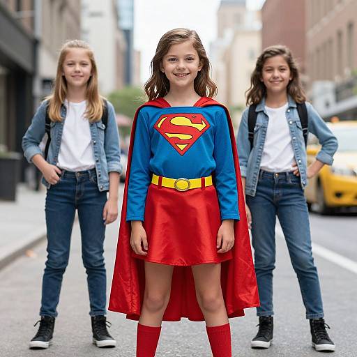 Photograph of a young girl in a Superman dress, red cape, blue shirt, and red skirt, flanked by two smiling girls in jeans and