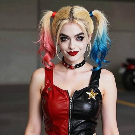 Photograph of a woman in a Harley Quinn costume with pink-blue pigtails, red-black leather top, star patch, choker, and red