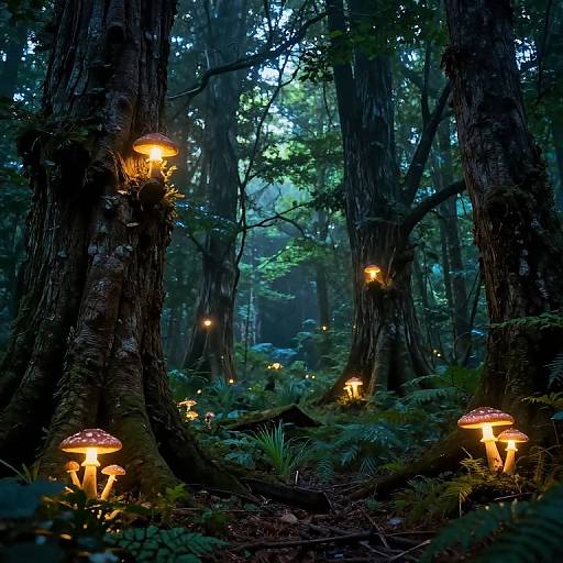 Photograph of a mystical forest at dusk, featuring glowing orange mushrooms on moss-covered trees, surrounded by dense green foliage and soft blue twilight light.