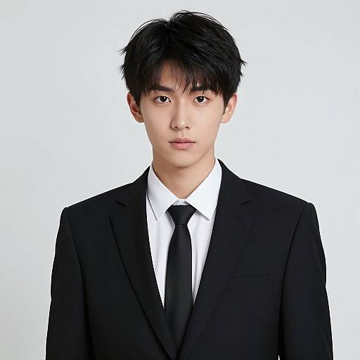 Photograph of an Asian man with black hair, wearing a black suit, white shirt, and black tie, against a plain white background.