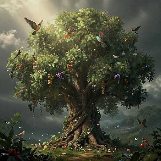 Digital fantasy artwork of a lush, fruit-bearing tree with vibrant flowers, surrounded by colorful birds, in a sunlit, cloudy forest.