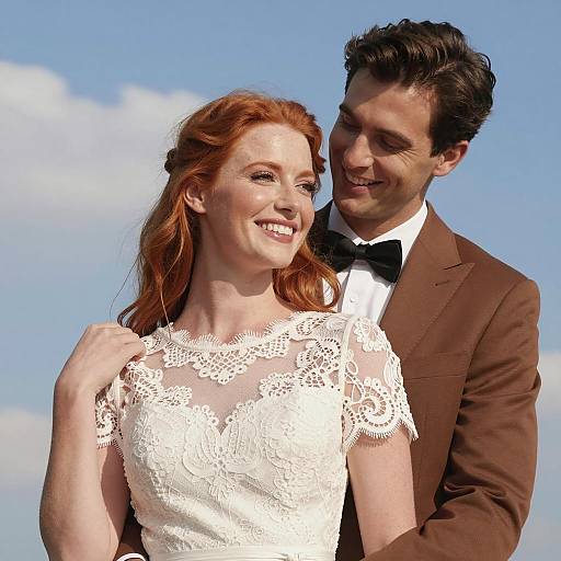 Happy couple in wedding attire with blue sky background