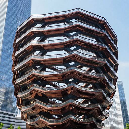 Photograph of a modern, geometric, glass-and-steel skyscraper with wavy, overlapping balconies, set against a clear blue sky and tall