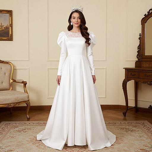Photograph of a beautiful woman with long dark hair, wearing a white, long-sleeve, lace-trimmed wedding gown, standing in an