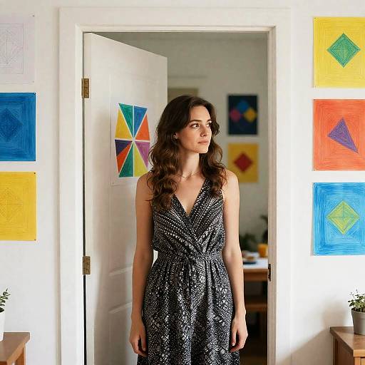 Woman in Patterned Dress at Doorway
