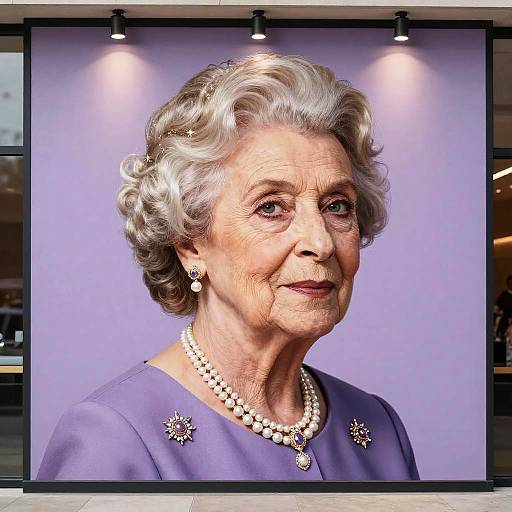 Photograph of an elderly woman with short, wavy gray hair, wearing a purple dress, pearl necklace, and earrings, smiling against a purple background