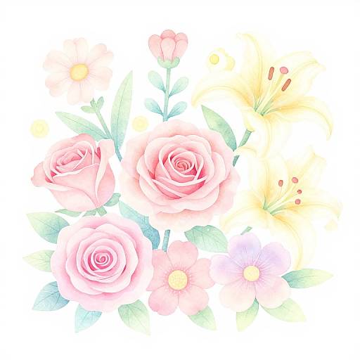 Watercolor floral arrangement featuring pink roses, yellow lilies, and small pastel flowers with green leaves, set against a white background.