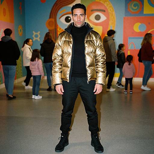 Confident Man in Gold Jacket Urban Scene