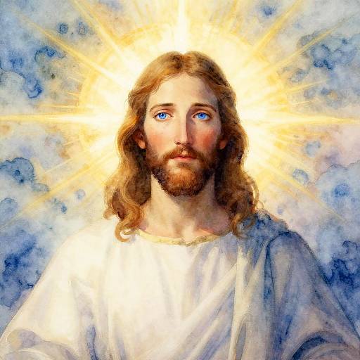 Digital painting of Jesus Christ with long brown hair, blue eyes, and a beard, radiant with a glowing yellow halo, wearing a white robe, against