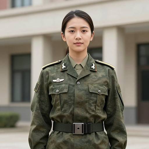 Photograph of a young Asian woman in a military-style green camouflage uniform with black belt, standing in front of a building.