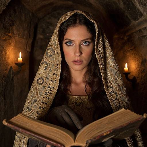 Photograph of a dark-haired woman with blue eyes, wearing an ornate golden veil, reading an old book in a dimly lit, medieval stone