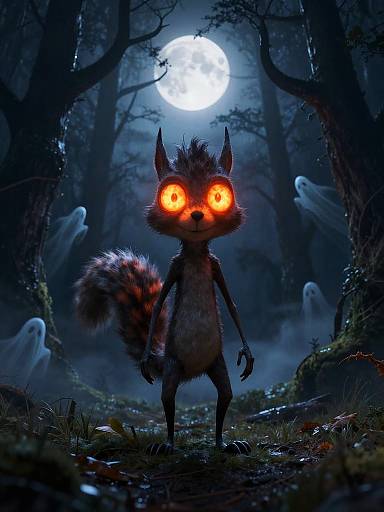 Digital artwork of a glowing-eyed, eerie fox standing in a dark, spooky forest under a full moon with ghostly figures.