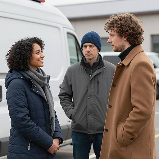 Three Friends by a White Van Outdoors
